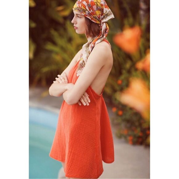 NEW Anthropologie Braided V-Neck Halter Cotton Orange Mini Dress Cover-Up Large - Picture 3 of 4